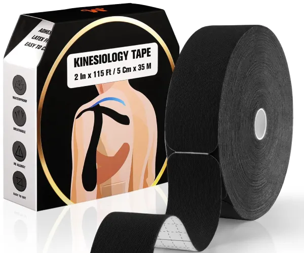 Precut kinesiology tape applied on knee