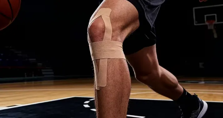 Athlete applying knee tape before run